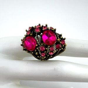 Vintage Pink Rhinestone Antiqued Gold Toned Statement Ring